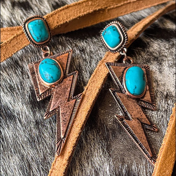 Turquoise Coppertone Lighting Bolt Earrings - Picture 2 of 3